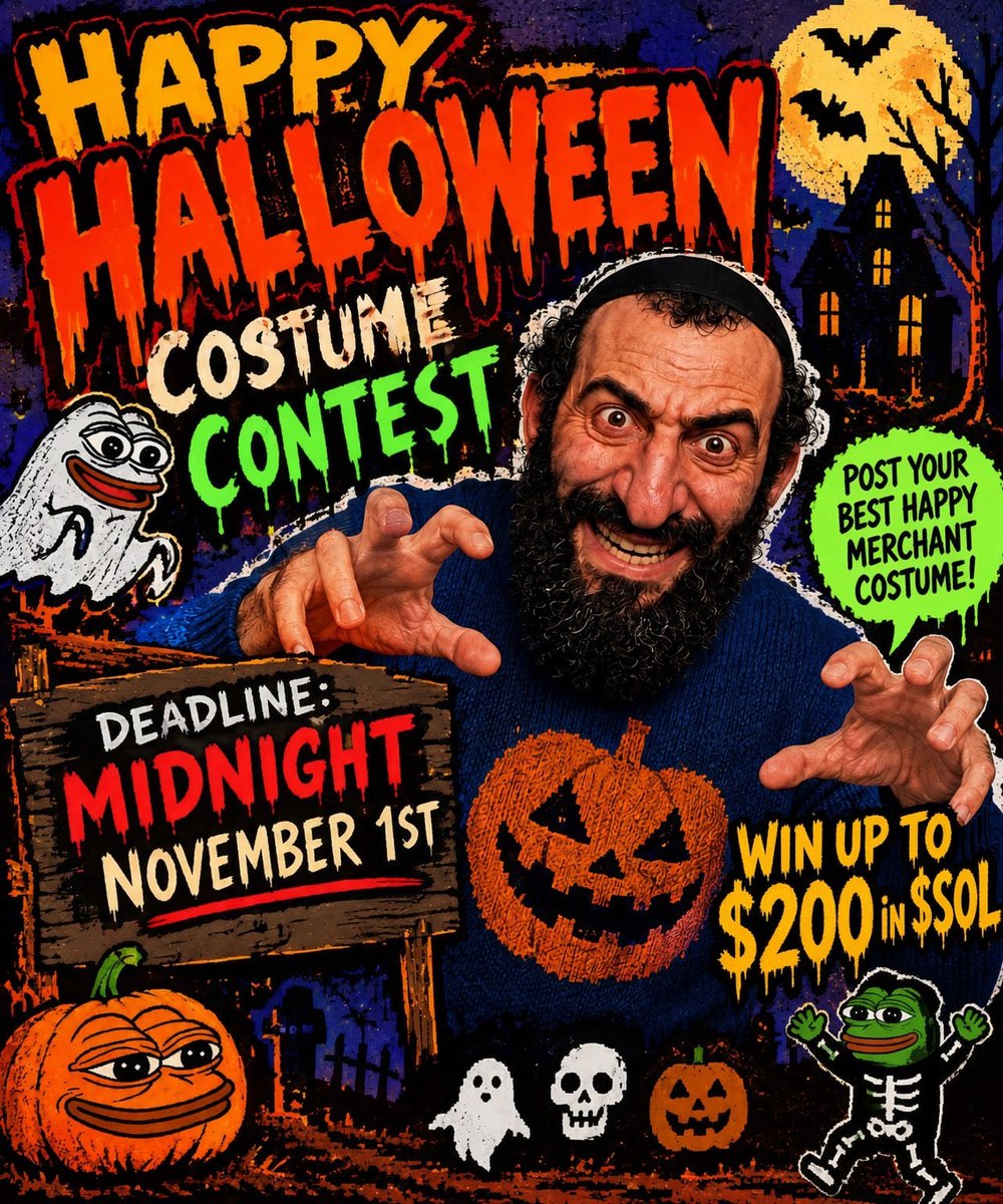 HappyMerchantX's tweet photo. 🎃 HAPPY HALLOWEEN COSTUME CONTEST 🎃

Post your best Happy Merchant costume by MIDNIGHT NOV 1ST

Win up to $200 in $SOL

Tag @HappyMerchantx + drop your pic in the replies.

Let’s see who can cook the hardest fit. No weak costumes.

$HAPPY #Memecoin #Contest https://t.co/AywmDMCoQm