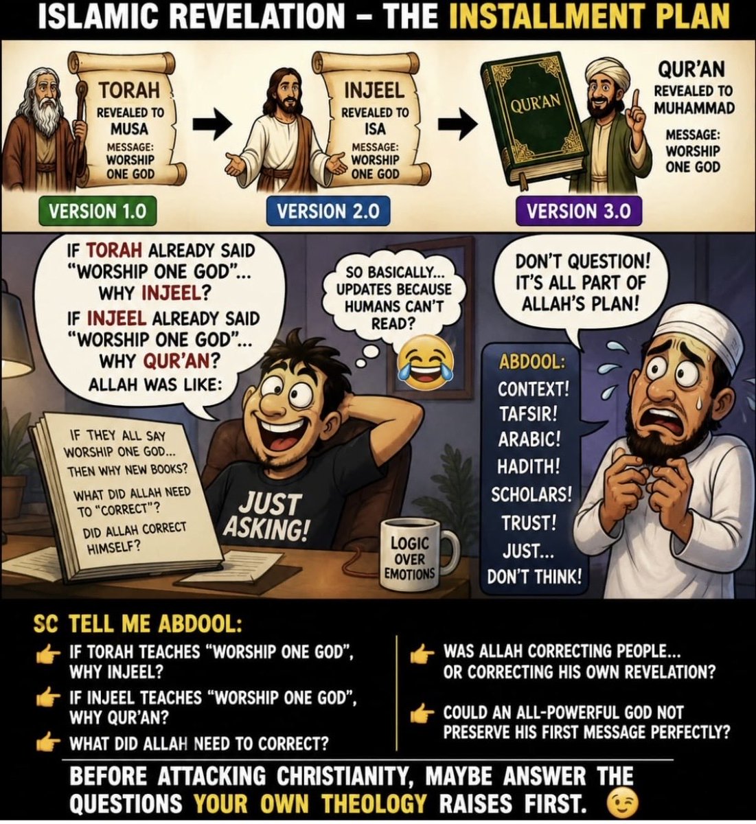 Kneel_Muhammad's tweet photo. If Allah is truly ALL-KNOWING &amp; ALL-WISE, why didn't he reveal the so called perfect Qur’an from the very beginning?

Why the Torah first, then the Injeel, and finally the Qur’an?

Did Allah not know humans would corrupt his words? 

Did he need 1000's of years to figure out the https://t.co/1P8sTYFED8