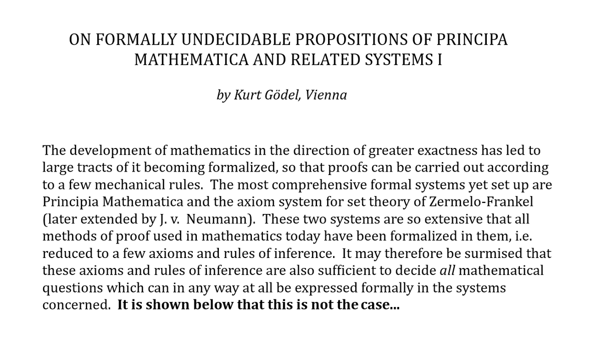 mouse_math's tweet photo. the publication of this paper in 1931 was an intellectual bombshell and marks the end of both the pioneer period of mathematical logic and of the foundational crisis. https://t.co/SBxqA6MPPJ