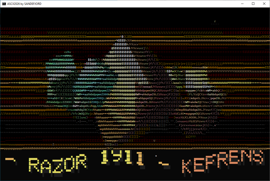 JailletPatrick's tweet photo. ASCII2026 by SANDEFJORD
Powershell + BatchCoded 😁
https://t.co/gjoSVnV729

#demoscene #asciiart #retrocomputing #coding https://t.co/fmKemktLGr