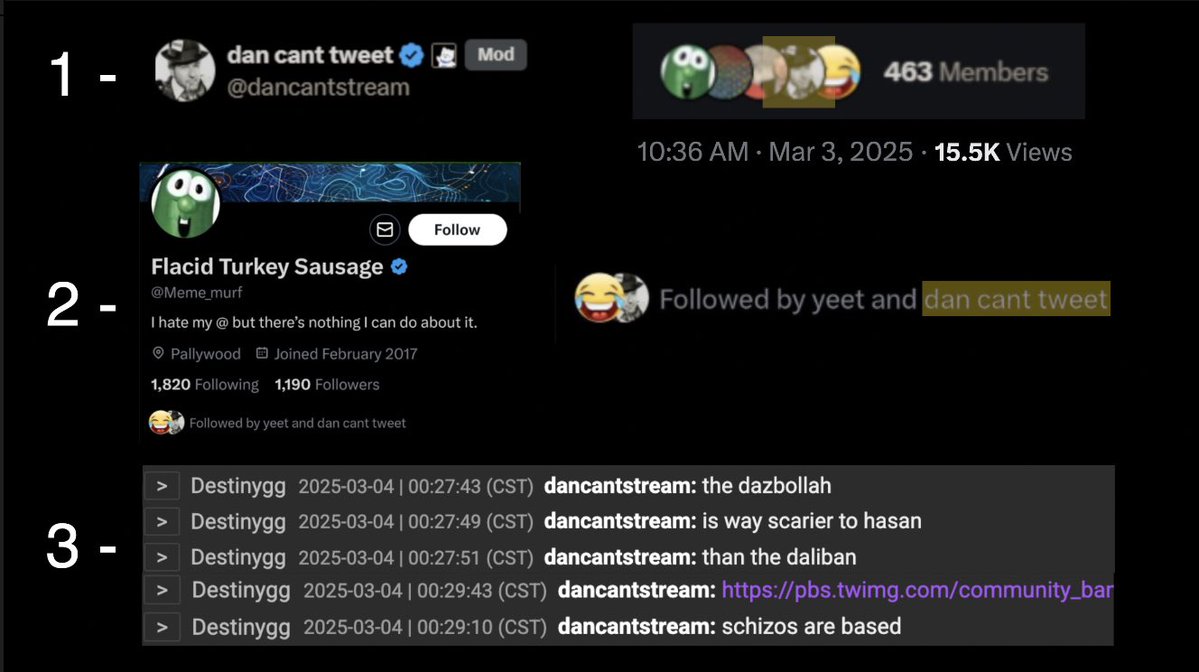 ryancbeard's tweet photo. Nah this is bullshit. Dan is just trying to give himself plausible deniability 

1 - Dan was a moderator of the community until at least March of 2025 when he got called out for it

2 - Dan followed Flacid Turkey Sausage until he got called out for it

3 - Dan promoted the community in dgg chat and said they were “based”, even after people started calling out flacid turkey sausage’s Islamaphobia 

4 - The community has Dan’s picture in the header

5 - The community links to Dan’s website in multiple places

6 - The community claims to be working “by authorization of D. Saltman” 

For all intents and purposes, this is Dan’s Twitter community. 

Just because he didn’t create it or control it, that doesn’t mean that he didn’t moderate it, endorse it, and have them working on his behalf