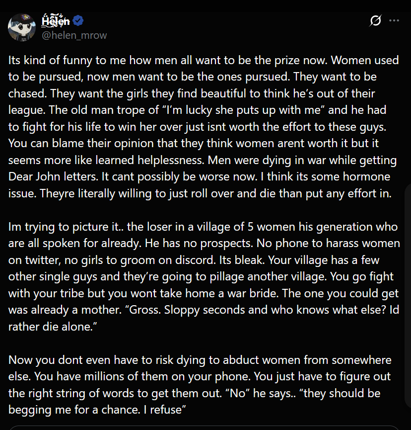 st_louis_stan's tweet photo. The thing is that men don't naturally want to marry, but a society needs men marrying at scale in order to be stable and prosperous, you need to be able to harness the power of the "average man," to get him to have stake in society and contribute, and the best way to do that is to give him a reasonable shot at marriage and property ownership... to entice men to marry at-scale, you need to give them a reasonable shot at a woman with (at least) limited sexual experience who he has some amount of authority over, full stop. We don't offer that at scale, we offer, at scale, "gently-used" women at the tail end of youth who men have zero authority over, who can leave them at any point for any reason, who face no obligation to give them kids, who view what most would consider "good wife behavior" as degrading pickme-ism... not to mention that men are told incessantly by society at-large that they're not "owed sex" by their own wives, which is a proposition that would've been unthinkable to offer a man at any point prior to say 2010... women can say this is fair, it's more just this way, the previous way was Patriarchal Oppression, OK, whatever, but be that as it may, the current marriage offer isn't good for men, and instead of getting married at scale, they're shifting slowly towards opting out at scale, do with this information what you will