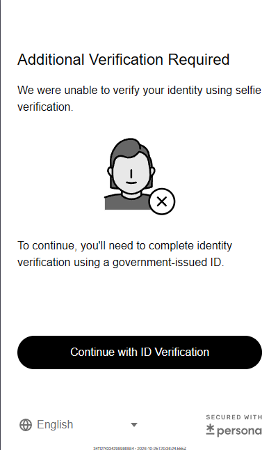NathanSmithSANI's tweet photo. Wow, look at that, guys! 
Persona is failing selfie verifications on purpose so that you can give your ID to Israel, isn't that amazing?
Seriously though, I have seen nobody succeed with the selfie verification, it always prompts you to give your full identity to Israel. https://t.co/jl63kUUIIK