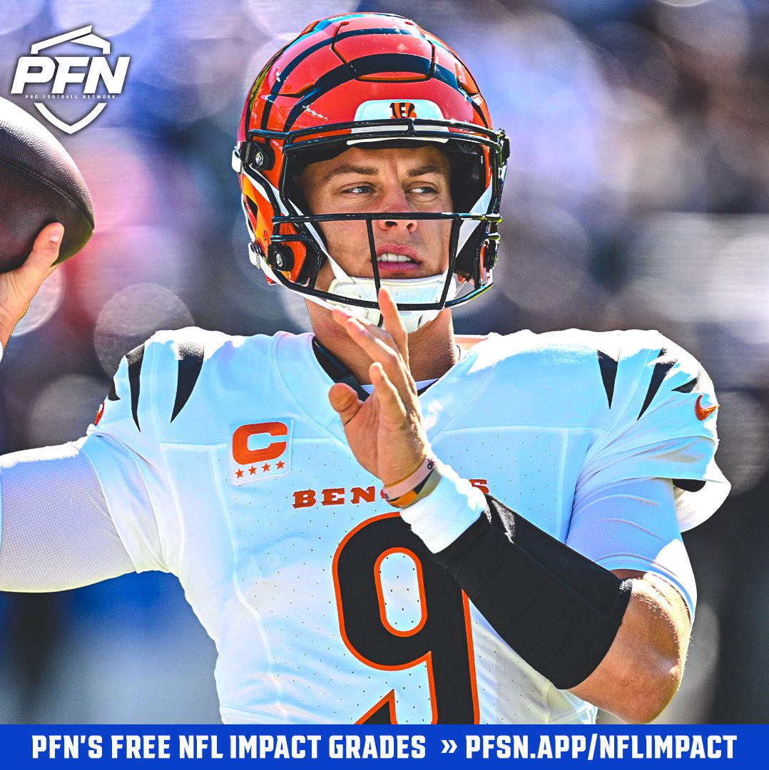 PFN365's tweet photo. 🎯 The highest-graded NFL quarterbacks of Week 7 so far, per PFN’s QB Impact metric:

1. Joe Burrow, CIN (88.9)
2. Malik Willis, MIA (86.2)
3. Drake Maye, NE (83.4)
4. Geno Smith, NYJ (82.6)
5. Caleb Williams, CHI (81.6)
6. Michael Penix Jr., ATL (81.5)
7. Tyler Huntley, BAL (80.6)
8. Tyler Shough, NO (80.4)
9. Deshaun Watson, CLE (78.4)
10. Brock Purdy, SF (75.1)

*Grades are provisional