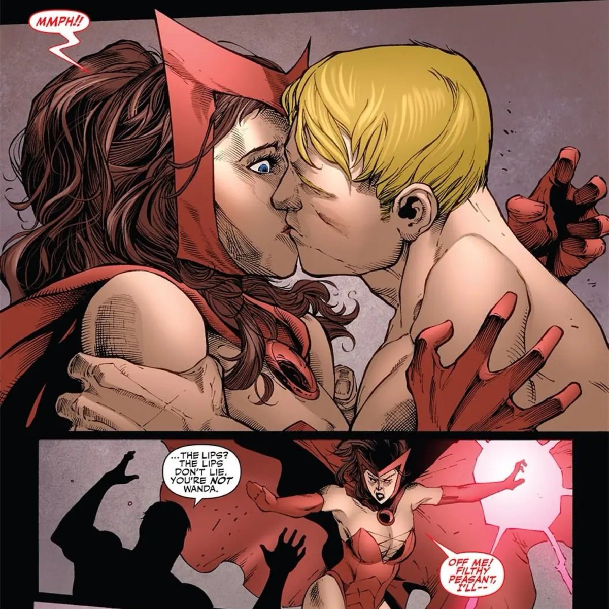 apollonperest's tweet photo. FUN FACT! 
Once, Hawkeye kissed Loki in Wanda's form to see if it was really her and then pointed out that her lips are not like Wanda's. The funny part is that he has never kissed Wanda. During the night he thought he was having sex with Wanda, he was actually with a Doom-Bot. https://t.co/lrgVpdsr49