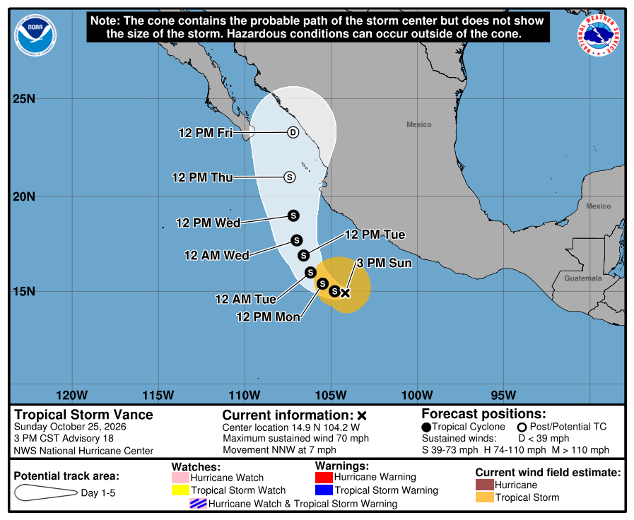 atlanticstorms's tweet photo. #TROPICALSTORMVance [Wind Decr:Type Change:Heading Change:Speed Incr] Heading NNW @ 7 mph. Wind @ 70 mph. Location N:14.9 W:-104.2 #Hurricane #Vance Giants https://t.co/7dRA79ga7X