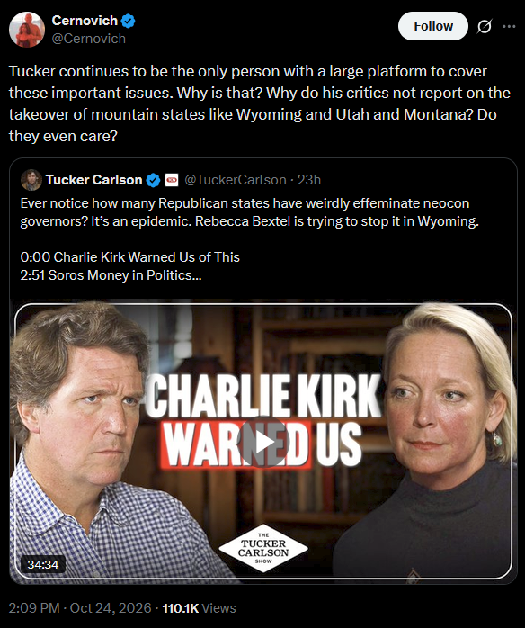 AGHamilton29's tweet photo. "Important issues"

Tucker Carlson has been the central figure in a foreign-tied demoralization op aimed specifically at Republicans. There are equivalent efforts aimed at the left. 

His framing changes, but everything he does is to advance that op. In this case, he's promoting a third-party candidate trying to take votes from the Republican. In many other cases, he promotes various left-wing activists. But the actual issue isn't what matters; just making people feel demoralized is the key. 

The message is that our country is terrible, Republicans are terrible, and there is nothing you can do to fix it other than destroy our entire system. That's the aligned ideology of the green-red-alt-right alliance. That's why he can promote far-left Abdul El-Sayed as the answer in Michigan while also claiming the Wyoming Republican isn't conservative enough.  

That's why he can claim his line is dead civilians in Gaza one day and then praise Putin and defend Russia's mass murder of countless Ukrainians, Syrians etc. the next.  Or offer a revisionist view of Nazi crimes.

It's why he can claim Christians are being mistreated by Israel, while actively covering for far worse mistreatment in Arab countries. 

He doesn't have any principles and will say anything that will advance the demoralization.

 Luckily, most actual voters have proven immune to his efforts. Almost everyone Tucker promotes has lost their races, including at least one incumbent. But the online influencer sphere is so corrupt and incestuous that they are happy to assist this effort. Their audience numbers do better when Dems are in power anyways so might be a win-win for them. Just not the country.