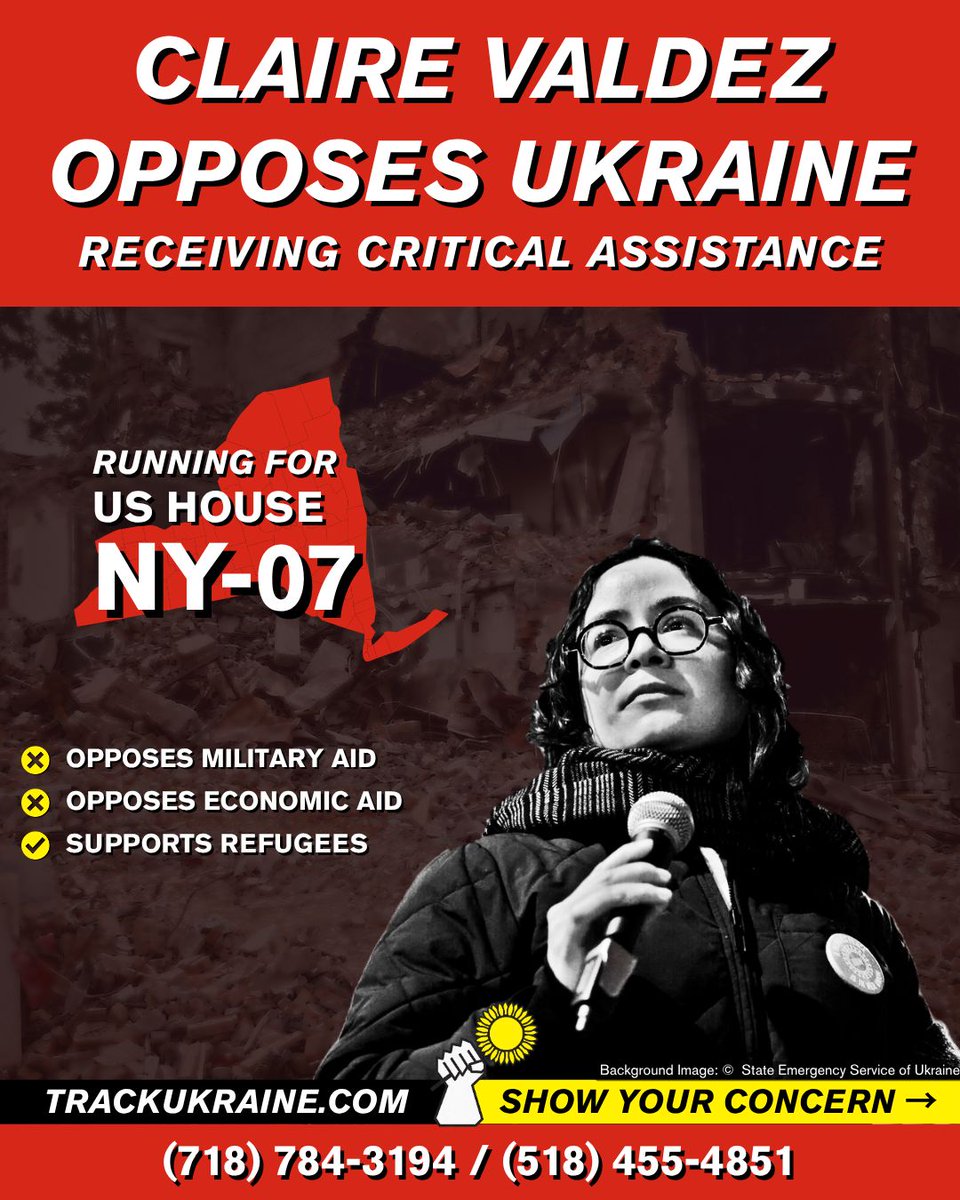 TrackUkraine's tweet photo. Democrat Claire Valdez @claireforny is running in New York's 7th Congressional District [NY-07] on November 3.
❌Opposes military aid
❌Opposes economic aid
✅Supports refugees https://t.co/qb5JdtYwtz