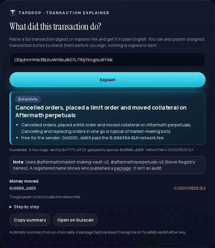TapdropHQ's tweet photo. Transaction Explainer just got smarter. You will now see explanations with more detailed information and in easier to understand language: https://t.co/MEXOK10UwU