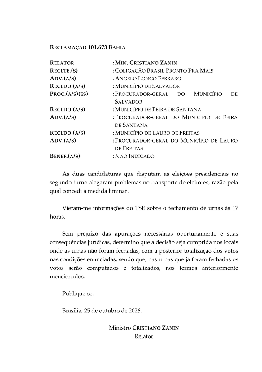 Zanin, Lula’s personal lawyer that he put on the Supreme Court, clarifies his order on voting hours extension — it will ONLY apply to voting locations that were still open. i.e. ones that the communists had kept open in anticipation of his order. The rest of the voting locations are to remain closed and to go ahead with finalizing their vote counts.