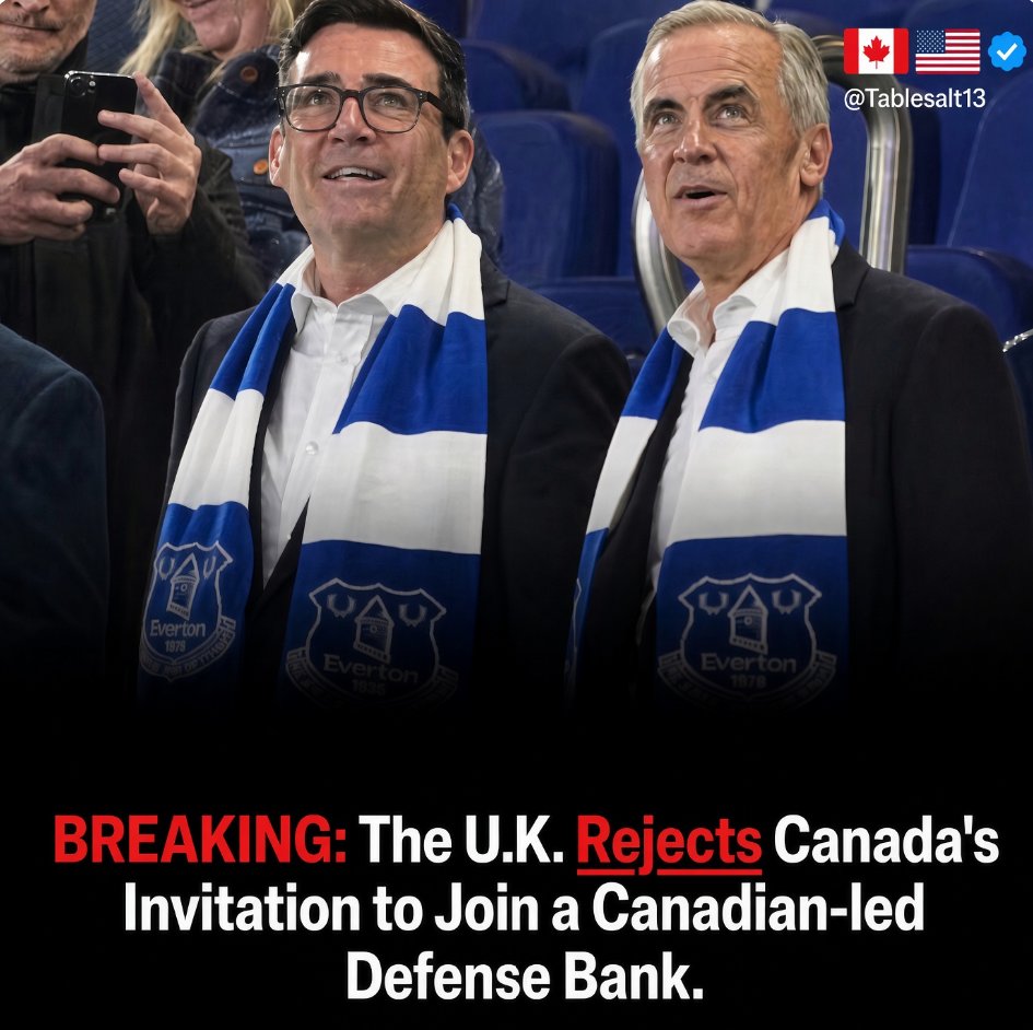 Tablesalt13's tweet photo. ‼️JUST IN: Canada’s Defense Bank Dreams COLLPASE as UK Delivers Brutal Snub

This coalition of the middle powers didn't even last 3 months. 

In a humiliating blow to Ottawa’s global ambitions, the United Kingdom has flatly rejected Canada’s invitation to join the Canadian-led Defence, Security and Resilience Bank. 

Despite months of high-level talks between Prime Minister Mark Carney and UK Prime Minister Andy Burnham, Britain walked away, choosing instead to back its own Multilateral Defence Mechanism. 

Officials said there were irreconcilable differences over headquarters location, joint procurement rules, and future membership criteria. 

This “middle power” alliance has spectacularly failed, leaving Canada’s flagship defence project ISOLATED.
