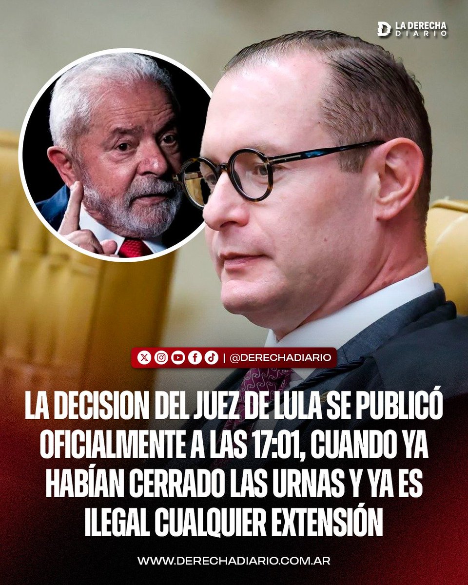 laderechadiario's tweet photo. 🚨🇧🇷 | LULA QUIERE HACER FRAUDE: LA DECISIÓN DEL JUEZ DE LULA SE PUBLICÓ OFICIALMENTE A LAS 17:01, CUANDO YA HABÍAN CERRADO LAS URNAS Y YA ES ILEGAL CUALQUIER EXTENSIÓN

El juez Cristiano Zanin, exabogado personal de Lula y designado por él para integrar el Supremo Tribunal Federal, firmó la orden de extender dos horas la votación en todo Brasil cuando ya había vencido el horario oficial de cierre. La medida provocó un caos electoral: numerosas urnas ya estaban cerradas, el escrutinio había comenzado y algunas autoridades advirtieron que los equipos no podían reabrirse.