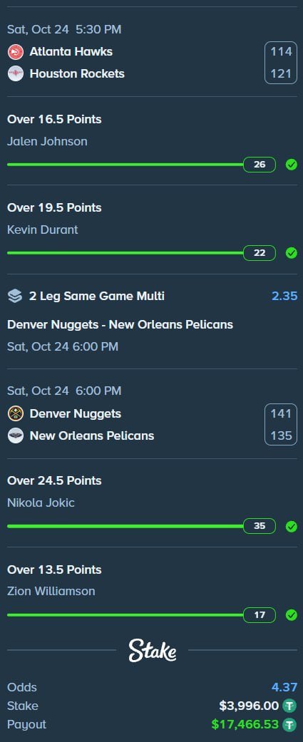 TactBets's tweet photo. SOMEBODY STOP US!!! 🥳🔥

We have been hitting so many parlays as we hit ANOTHER NBA one last night, I want to give back as much as possible!

Reply with your @Stake Username & Tag 1 Friend, and I will be sending out tips to some of my followers!

USE CODE TACT FOR THE BEST LUCK! 🍀