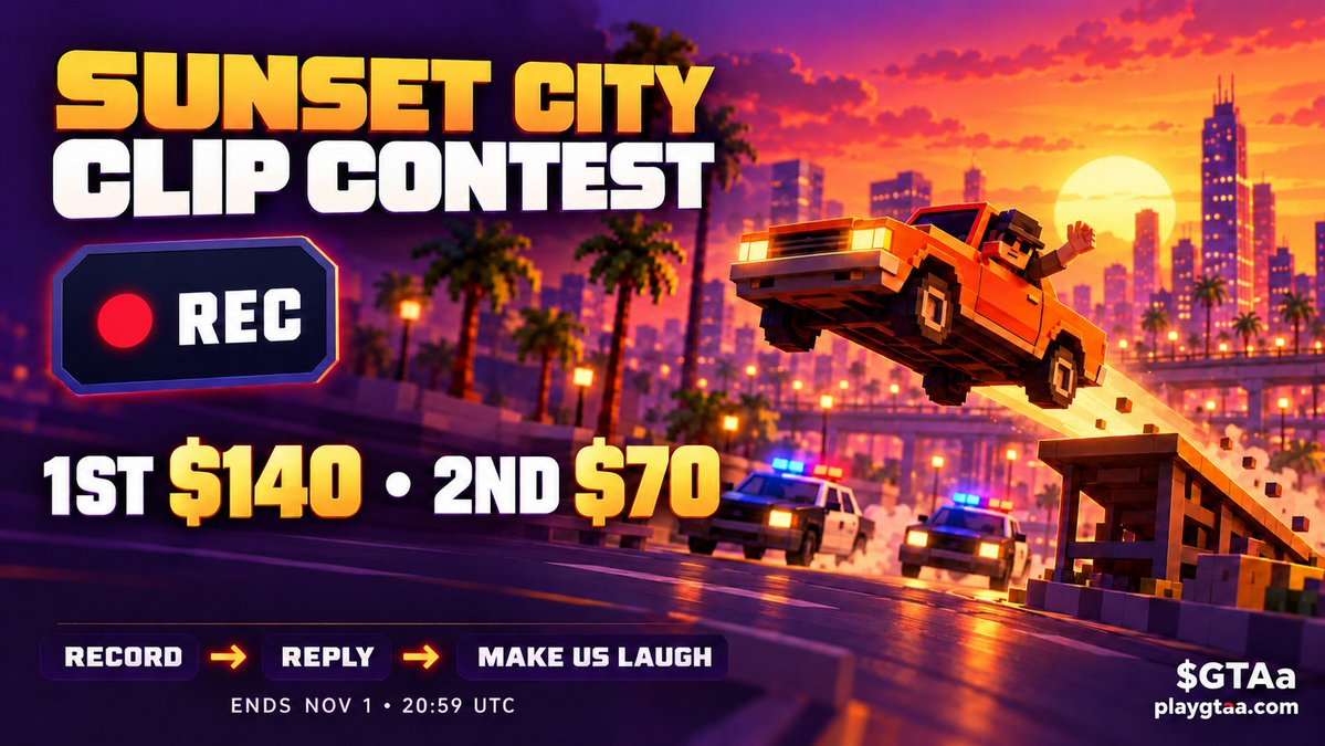 playgtaa's tweet photo. Sunset City Clip Contest

One week, drop us your funniest in-game moment. A getaway gone wrong, a turf war disaster, or a stunt nobody can explain. Make us laugh.

How to enter:

• Record your clip using REC in the in-game menu.
• Reply to this post with your video, tag 2 people from CT, and include your Solana wallet address for payment.
• That address must match the wallet connected to the in-game account used to record the clip.
• Like and Repost this post.
• Follow @playgtaa.

Two winners:

🥇 First place: $140
🥈 Second place: $70

Entries close Sunday, November 1, at 20:59 UTC.

Clips must be your own $GTAa gameplay. Our proprietary contest AI agent will choose the winners based on humour, creativity, and entertainment value, applying the same judging criteria to every eligible entry.

Winners will be announced on @playgtaa after judging.

Show us what happens when Sunset City gives you a record button.