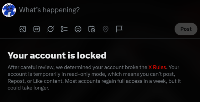 flutterraped's tweet photo. >get email
>teaser account locked for violent speech
>look inside
>literally no posts affected, tells me to delete nothing
>still locked with no explanation
>what.jpg https://t.co/K0Gf2tEhZj