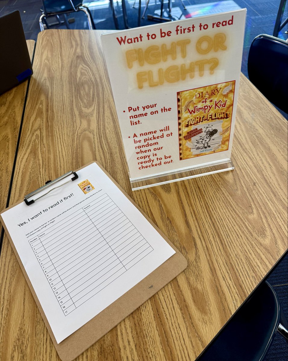 LoriTecler's tweet photo. Had this sign up list to be first to read the new Wimpy Kid book in our #SchoolLibrary last week and it filled up quickly. We’ll announce the randomly selected first reader during the morning announcements tomorrow. #TeachersofX https://t.co/HOizaF7UDr