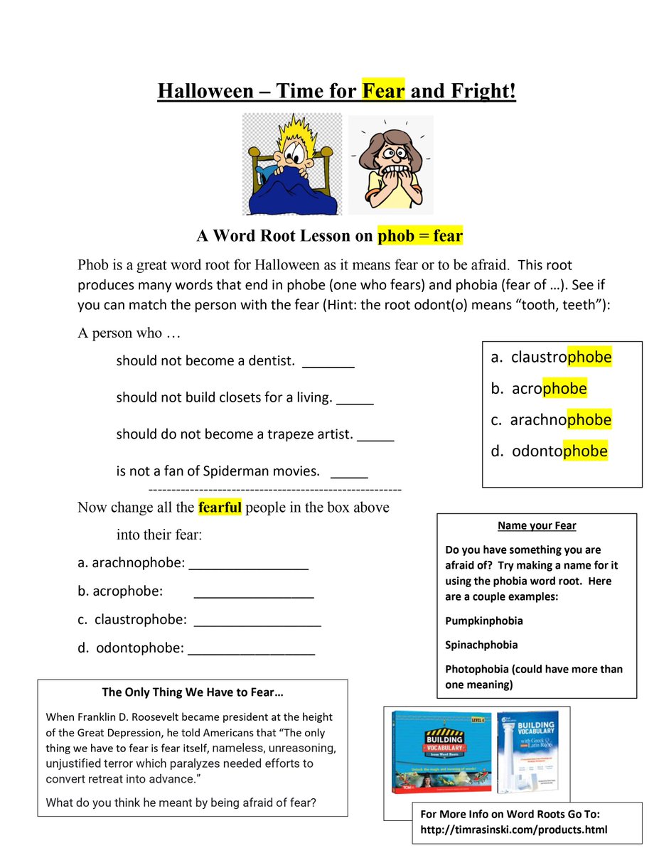 TimRasinski1's tweet photo. MONDAY MORPHOLOGY
BOOO!  Just in time for Halloween, this week’s Morphology/Word Root Resource focuses on the word root   PHOB = FEAR.     Morphology/Word Root instruction is an effective way to build vocabulary &amp; improve comprehension, &amp; stimulate students’ interest in words. https://t.co/2VLHnRlxZq