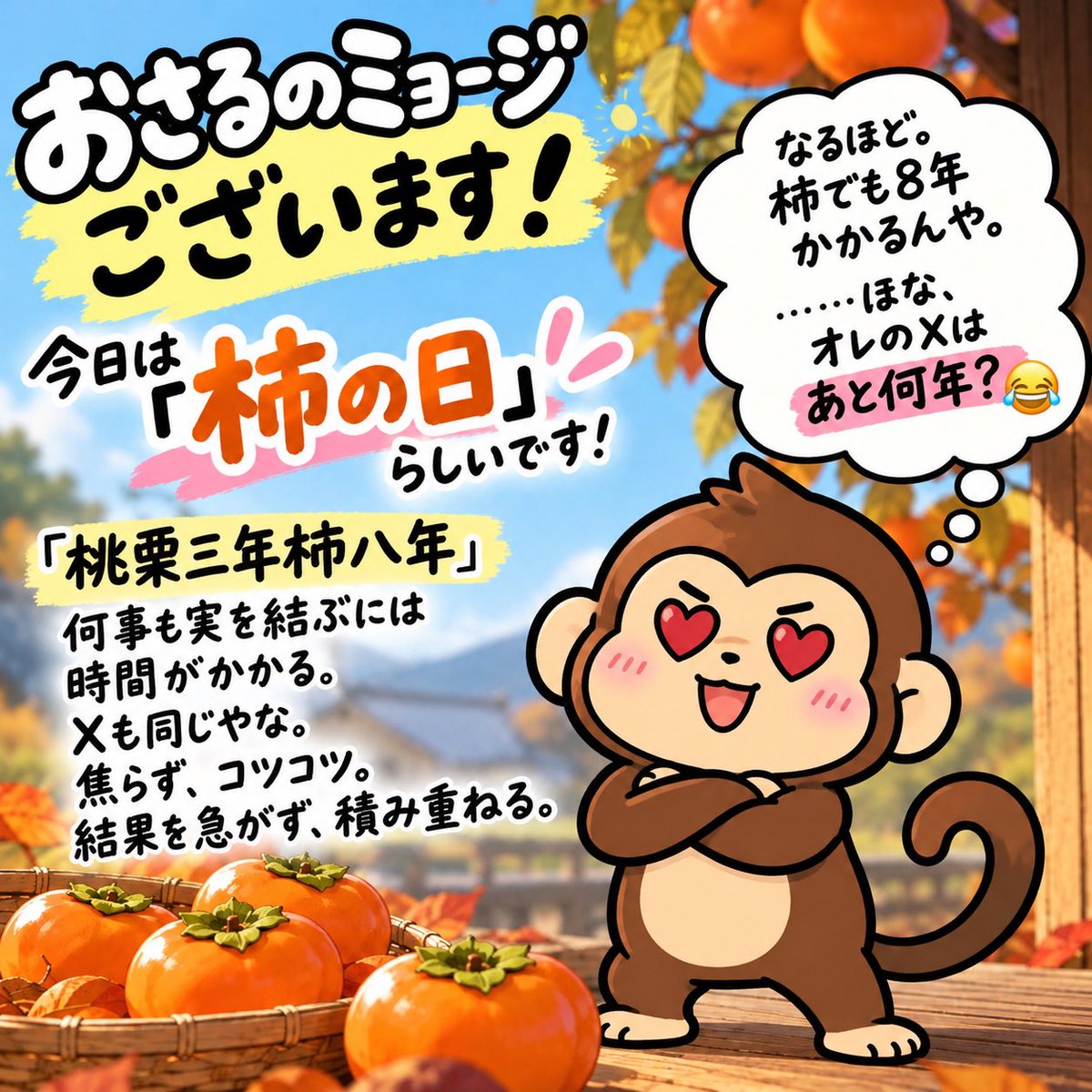 osaruno_myoji's tweet photo. おはようございます🍌
昨日のVIVANT面白かったなー
1週間頑張りましょう！
そんな今日は「柿の日」！！
🍌も良いけど柿も食べるか😍 https://t.co/ZS8TtAg9iq