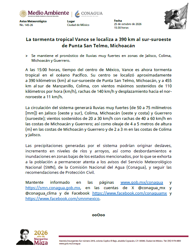 conagua_mx's tweet photo. #AvisoMeteorológico
El @GobiernoMX informa que la tormenta tropical #Vance se localiza a 390 km al sur-suroeste de Punta San Telmo, #Michoacán.
Se mantiene el pronóstico de lluvias muy fuertes en zonas de #Jalisco, #Colima, #Michoacán y #Guerrero.
Más información: https://t.co/pGqLtNTTaX