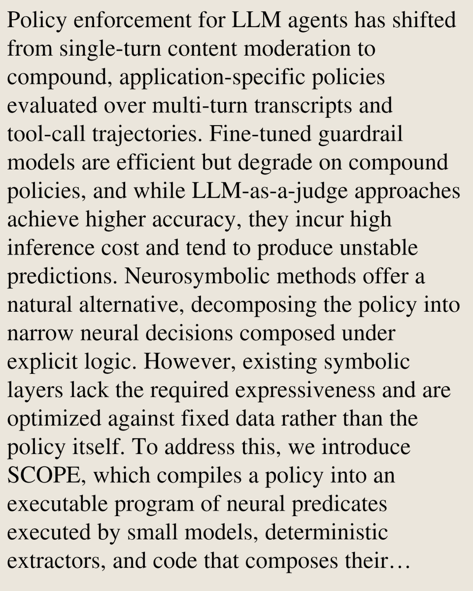 SciFi's tweet photo. SCOPE: Compiling Natural-Language Policies into Neurosymbolic Predicate Programs

Arnon Mazza, Elad Levi
https://t.co/TTRAINMSUj [𝚌𝚜.𝙰𝙸 𝚌𝚜.𝙲𝙻] https://t.co/YO1VWwYn48