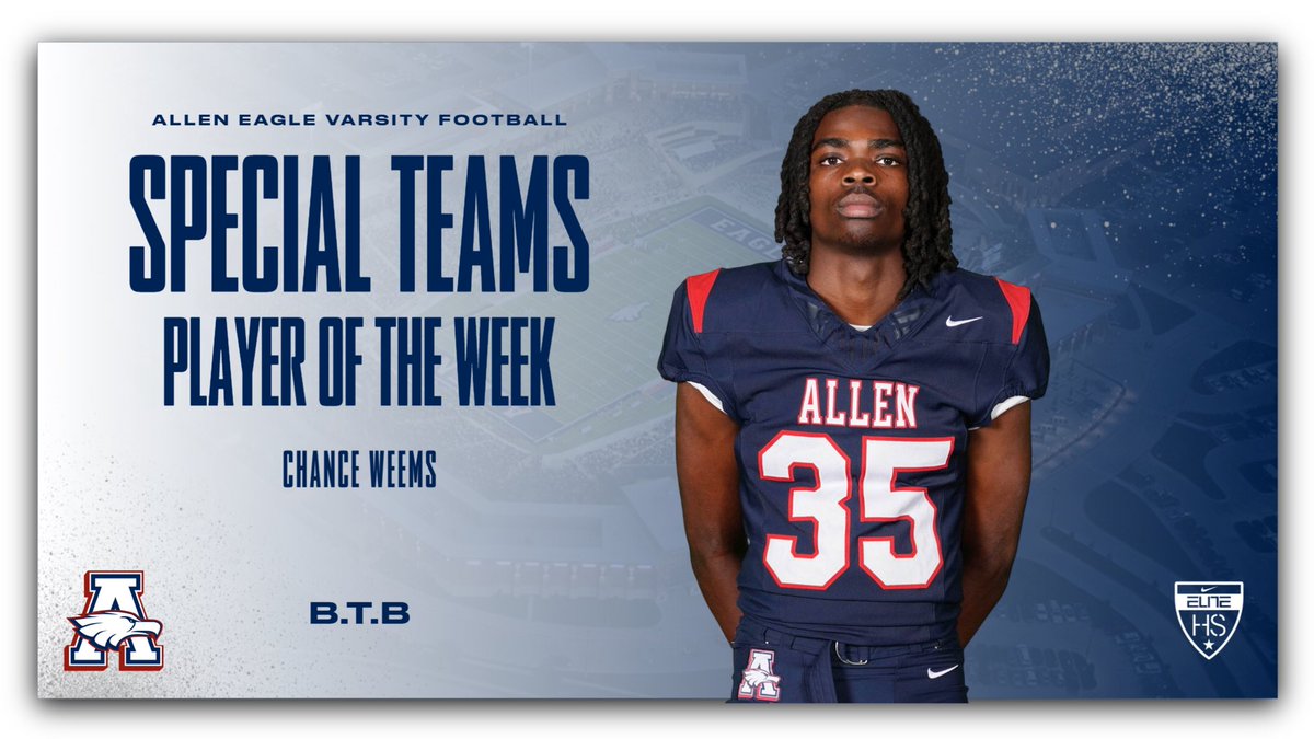 alleneaglesfb's tweet photo. 🦅🏈PLAYERS OF THE WEEK🏈🦅

WK 8 POTW💥🅰️🆙🦅

Congratulations to the following Eagles for earning POTW honors:

OFF: @TySnellQB1 
DEF: @dominic_butler7 
ST: @ChanceWeems18 

#BTB | #RecruitTheA | @usnikefootball https://t.co/G2oczYyJ3Y