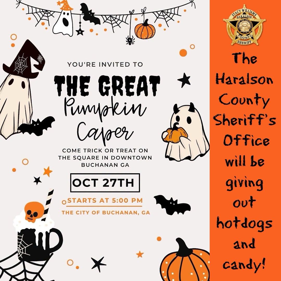 HaralsonSheriff's tweet photo. This Tuesday, October 27th, is the annual Great Pumpkin Caper in downtown Buchanan. We will be cooking hotdogs and handing out candy to the trick or treaters!
#TheGreatPumpkinCaper
#TrickOrTreating
#CommunityEvent
#HSF
#HCSO https://t.co/jqAKROoEEQ