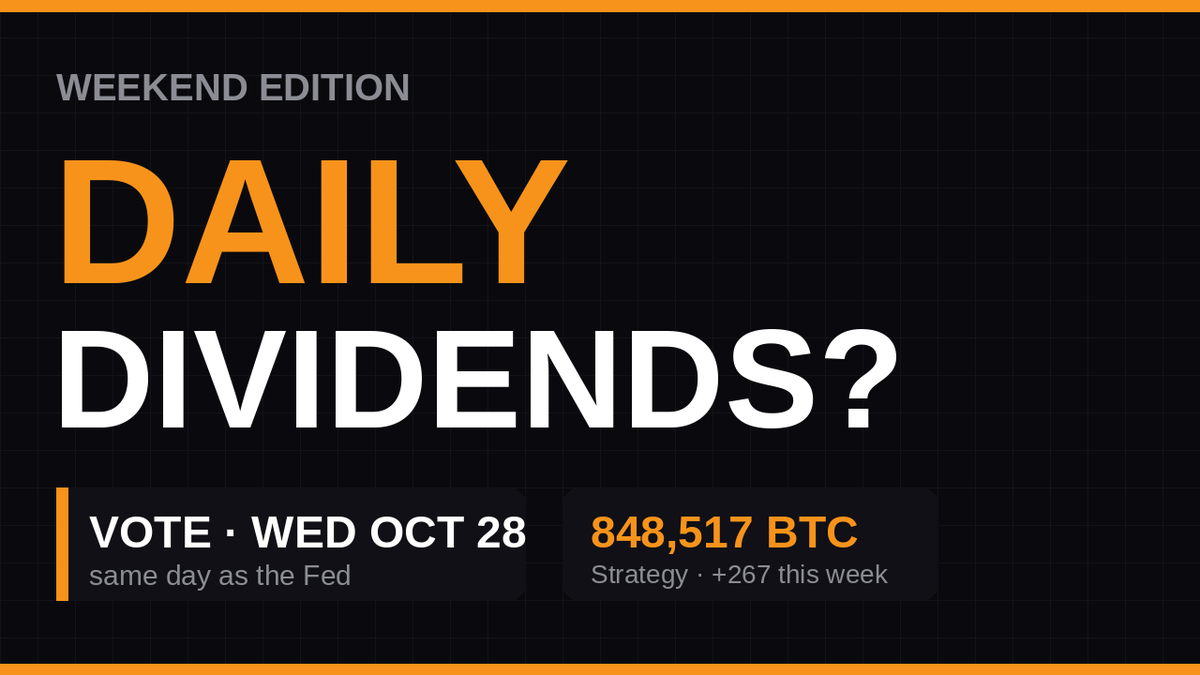 BTCTreasuryDesk's tweet photo. Wednesday: Strategy holders vote on DAILY preferred dividends. Same afternoon: the Fed.
Thursday: Q3 results.

This week: +267 BTC → 848,517 · $193M STRC buyback · BTC −1.5%, MSTR +6.7%

Weekend Edition is live 👇
https://t.co/41d6R3zl5k
Education only. https://t.co/lNwsKJGby3