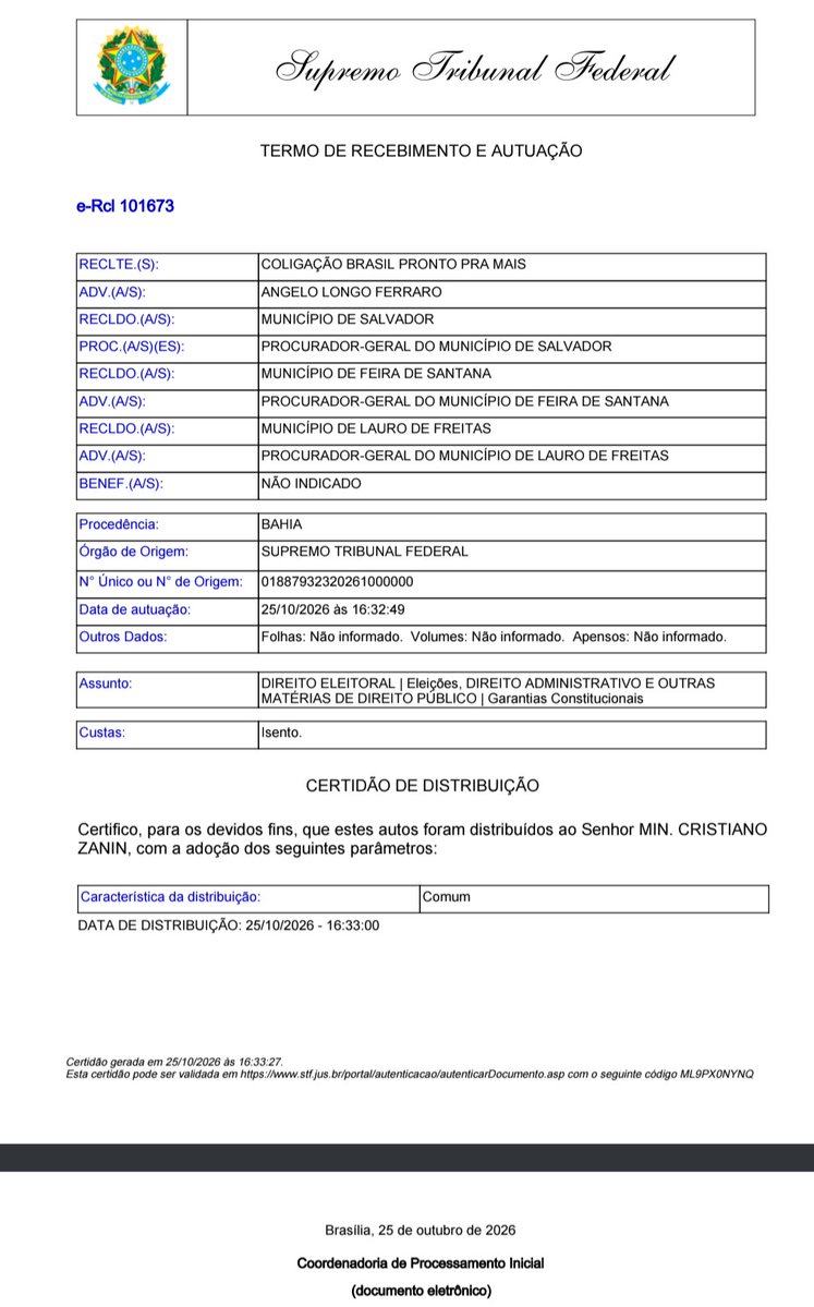 wallaceolive_r's tweet photo. Aparentemente, a secretaria judiciária do STF ignorou abertamente as travas de distribuição da Resolução STF nº 921/2026. Em vez de passar pela triagem da Presidência e respeitar a prevenção do relator da ADPF 1.013, o processo foi direcionado a Zanin — ex-advogado de Lula —, que permitiu o pleito aberto com parciais ao vivo.