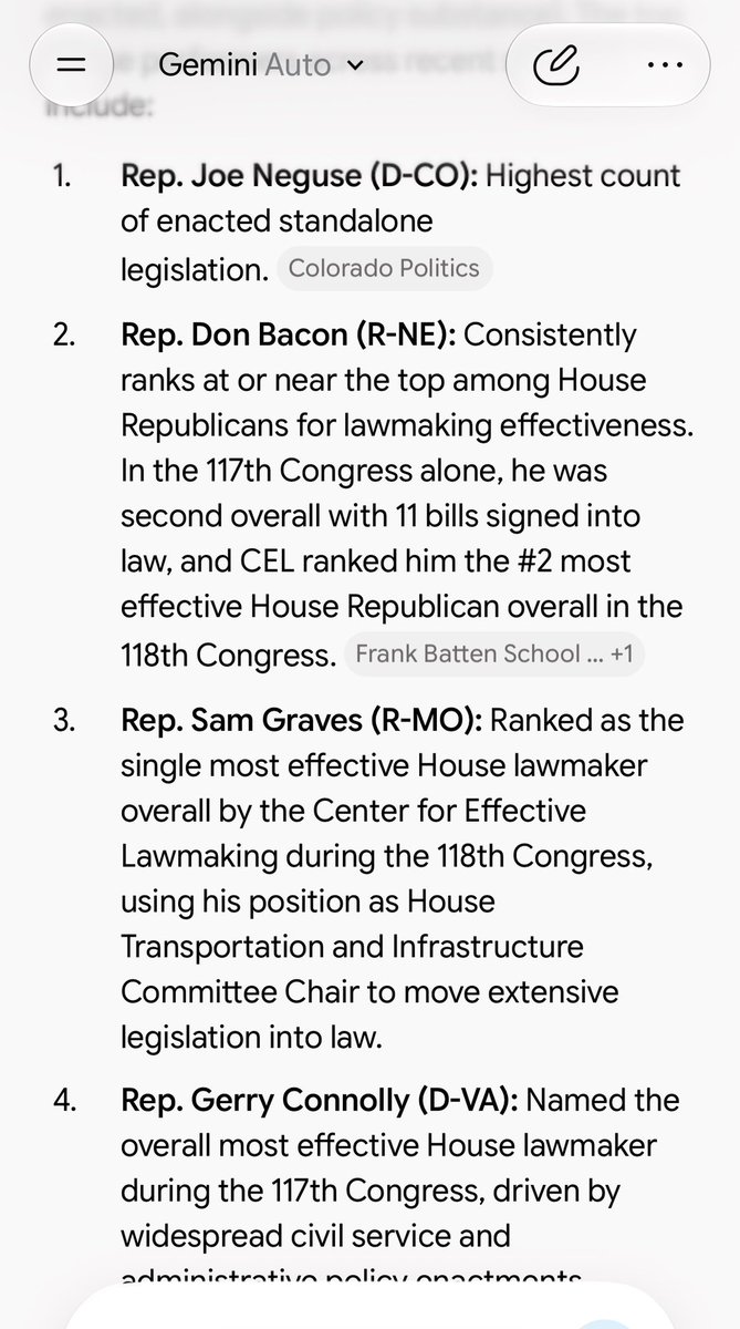 A smartphone screenshot of a Gemini Auto conversation showing a numbered list of U.S. representatives and descriptions of their legislative effectiveness. The fourth entry is partly cut off at the bottom. Text is visible throughout.