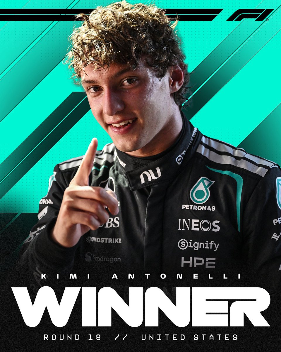 Formula1FRP's tweet photo. KIMI ANTONELLI WINS THE UNITED STATES GRAND PRIX! 🏆✨

It's a dominant drive from the Drivers' Championship leader 💪 

#F1RP #USGPRP - @F1Mercedesrp https://t.co/TU7qWEeI4O