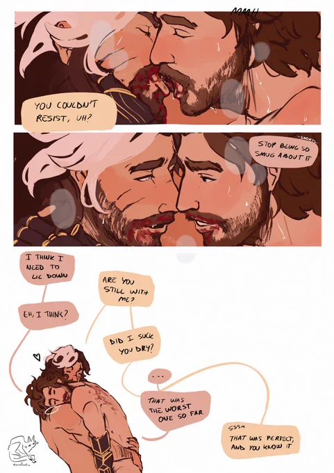 A Verstave comic page. The main two panels have Verso and Gustave kissing, while looking at each other lovingly in the second one, Verso teasing Gustave after giving him a bloody kiss. In the last part Gustave, tired, completely let himself rest on Verso, that he's holding him near. They are both teasing each other, with Verso joking about having "suck Gustave dry". Gustave is not amused by the joke, while Verso claims that it was perfect