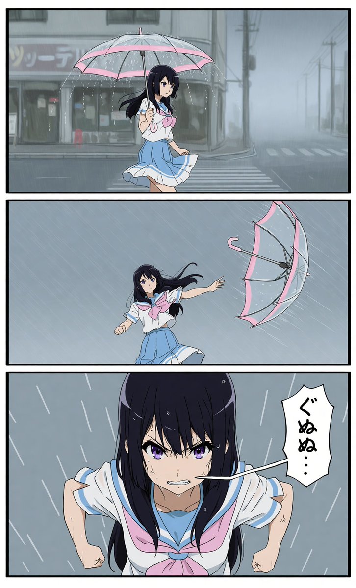 daibada's tweet photo. おはようございます。台風は温帯低気圧に変わりましたが、大雨への備えが必要です☔

強風で傘が吹き飛ばされてしまい…、お怒りの麗奈さん💧 https://t.co/lOGoPhj01F
