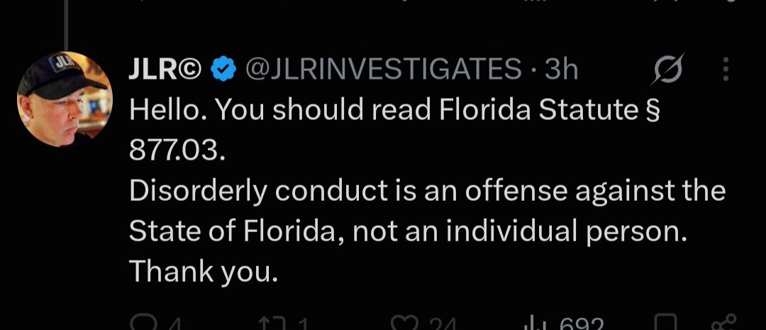 Ash446381026218's tweet photo. You keep hiding behind the fact that the charge was amended, but let’s be clear: an amended charge doesn’t mean the case disappeared or that you walked away without a finding of guilt. The court record shows an adjudication of guilt on the amended disorderly conduct charge.

And Florida Statute 877.03 specifically includes “brawling or fighting.” What the fuck do you think those words mean?  They describe conduct that goes beyond simply having a disagreement or exchanging words.

Now, the statute lists multiple forms of disorderly conduct, so the amended charge alone doesn’t prove which specific conduct was the basis of your case. But claiming that “it’s an offense against the state” somehow means no individual could have been involved is a ridiculous deflection. Who prosecutes the offense doesn’t erase the possibility of a person being affected by what happened.

You weren’t adjudicated guilty of the original battery chargebut the record does show you were adjudicated guilty of the amended offense. Stop acting like an amended charge means the entire situation magically never happened. 
@JLRINVESTIGATES
