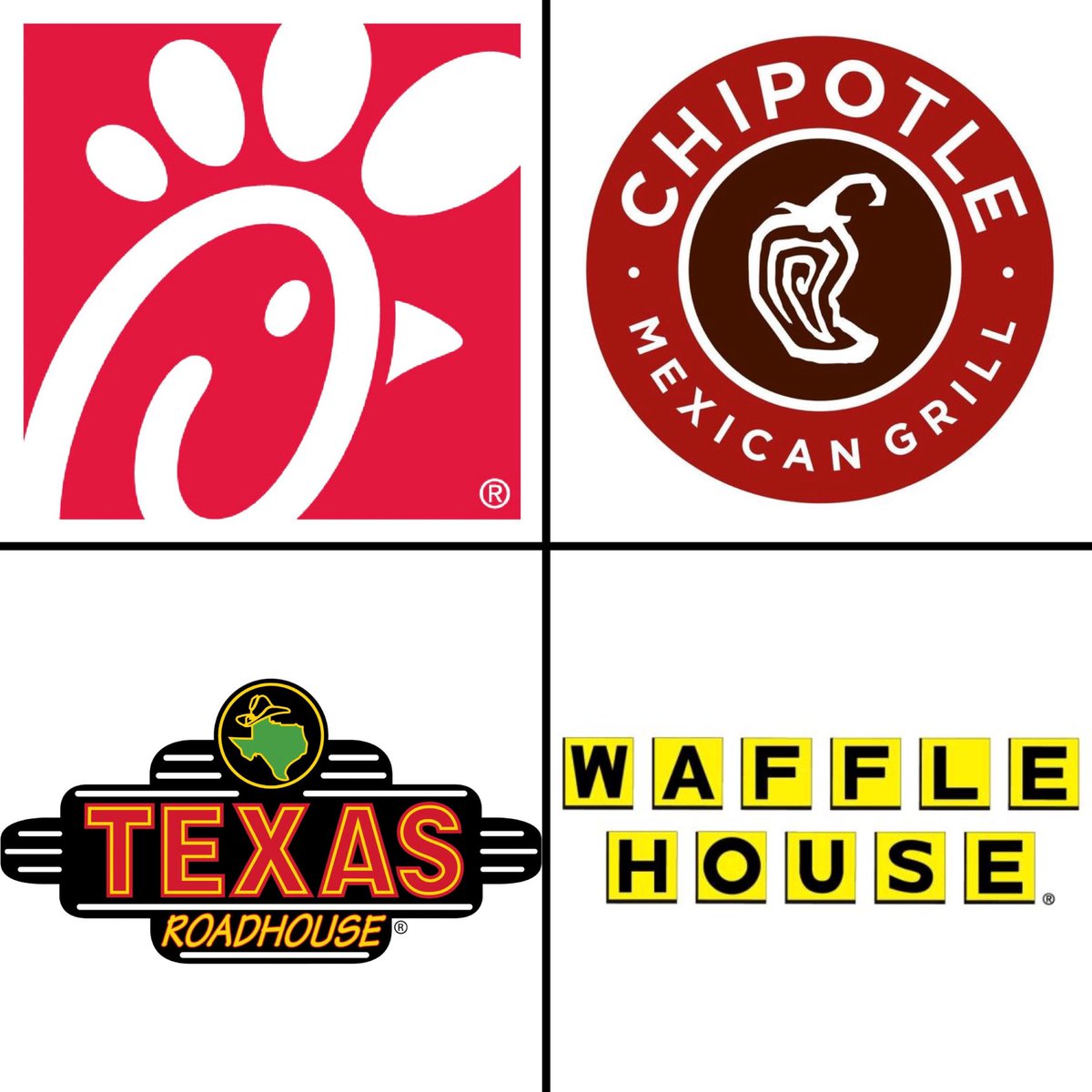 HawkEmDownChris's tweet photo. You can eat at one of these restaurants for free for the rest of your life. Which one are you choosing?

A) Chick-fil-A
B) Chipotle
C) Texas Roadhouse
D) Waffle House https://t.co/j3DjnOviKq