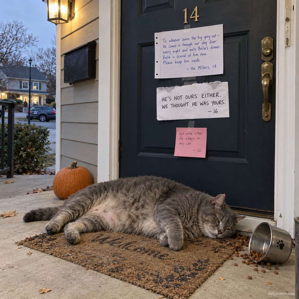 DailyMiniStorie's tweet photo. These have been on my neighbor's door since Tuesday 😂🐈

Three houses. Three notes. Zero owners.

He has a collar. It says "please don't feed me." Every house on the street feeds him.

Whose cat is it? Place your bets 👇 https://t.co/8WmqzU150T