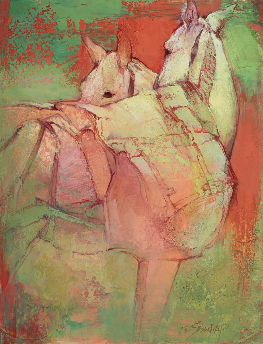 Gallery1261's tweet photo. Jill Soukup, "White with a Slight Twist", "Negotiating", "Two White Mules No. 2 in Red &amp; Green" and "Thistle in Colorado Blue", 2026. From Unbridled, on view at Gallery 1261 through October 31.

https://t.co/5AM6nEicQ1 https://t.co/vbtNef6C12