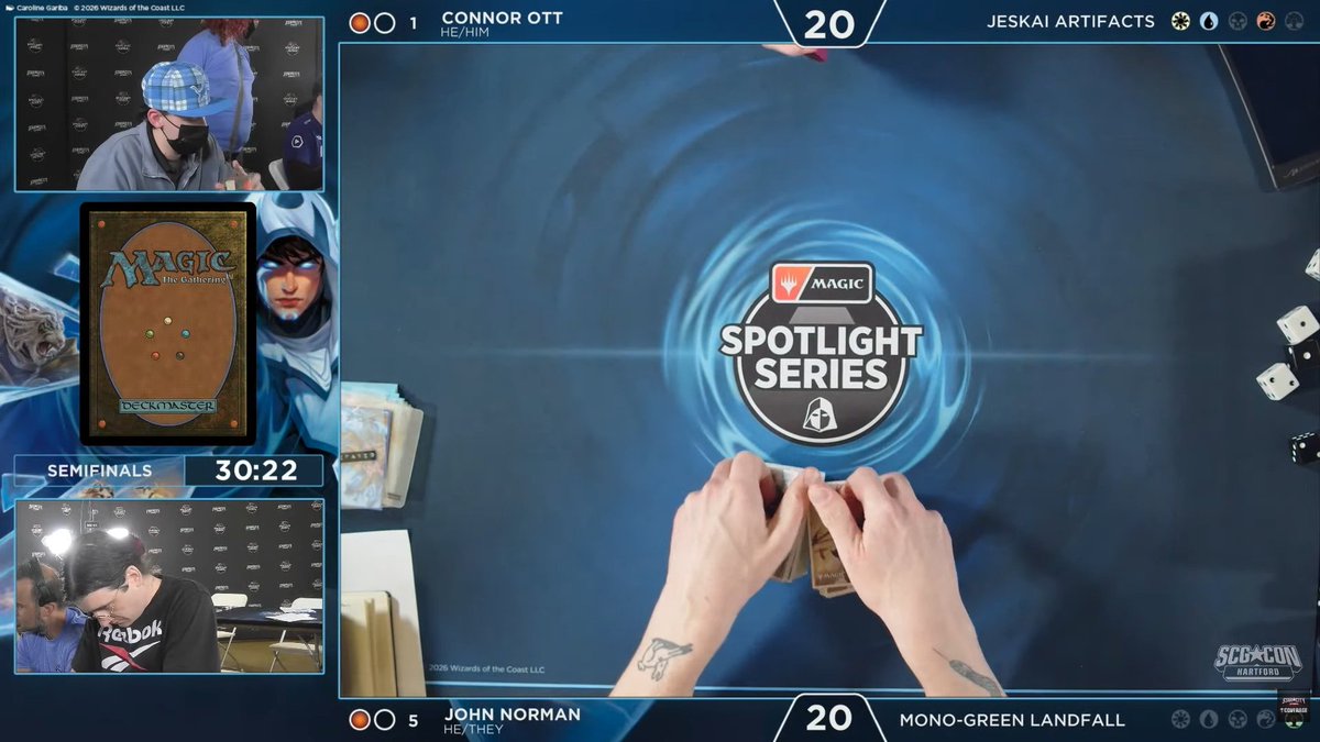 SCGCON's tweet photo. Connor Ott (Jeskai Artifacts) and John Norman (Mono-Green Landfall) are tied 1-1 in their semifinal at Magic Spotlight: Fracture.

See the action, LIVE from #SCGHARTFORD! 🔻
YouTube: https://t.co/XPdPILVFsW
Twitch: https://t.co/csq86CuH07

#SpotlightFRA https://t.co/jzsYn1Qexg