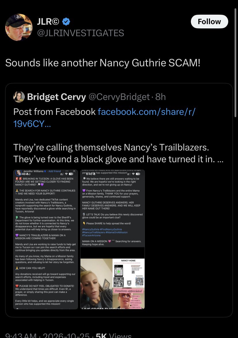 JLRLIES's tweet photo. @JLRINVESTIGATES you set up a lawn chair outside a missing woman’s house and treated her tragedy like a drive-thru for free pizza and CashApp handouts. Sit this one out. https://t.co/bpkqlGTFen