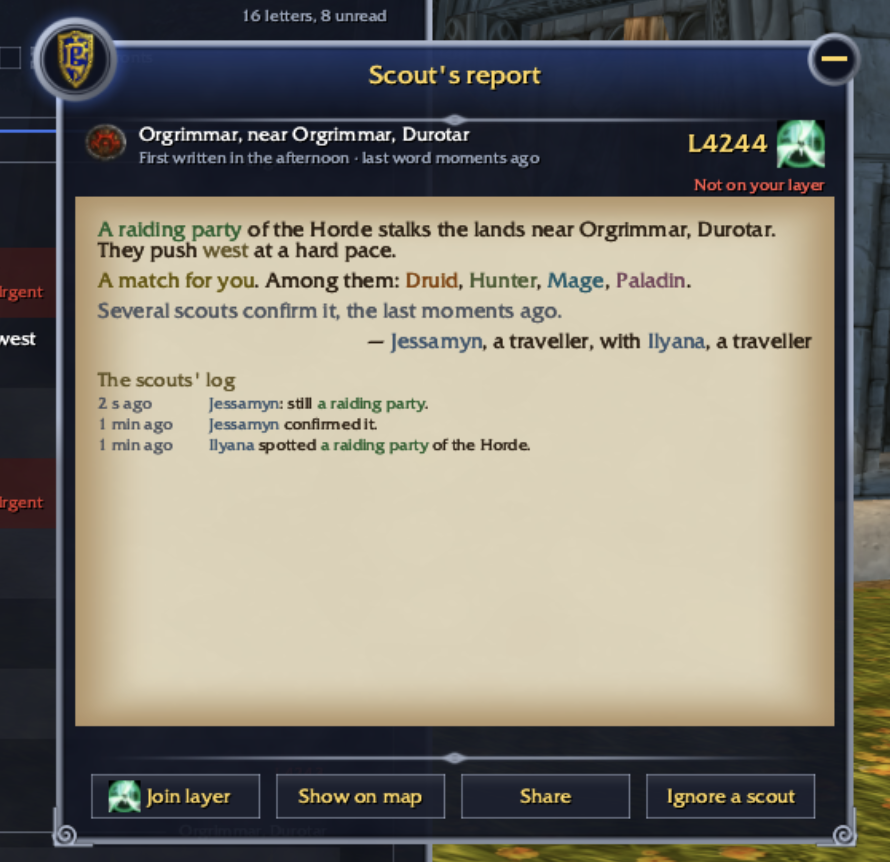 poutinewow's tweet photo. While the intel gathering and p2p protocol remains the same under the hood. The actual presentaton layer in roleplay mode has been entirely redone and is enforcable by the guild leader. An RP guild on an RP realm can decide to force all its members to use War Effort in RP mode https://t.co/PLX8QTHTom