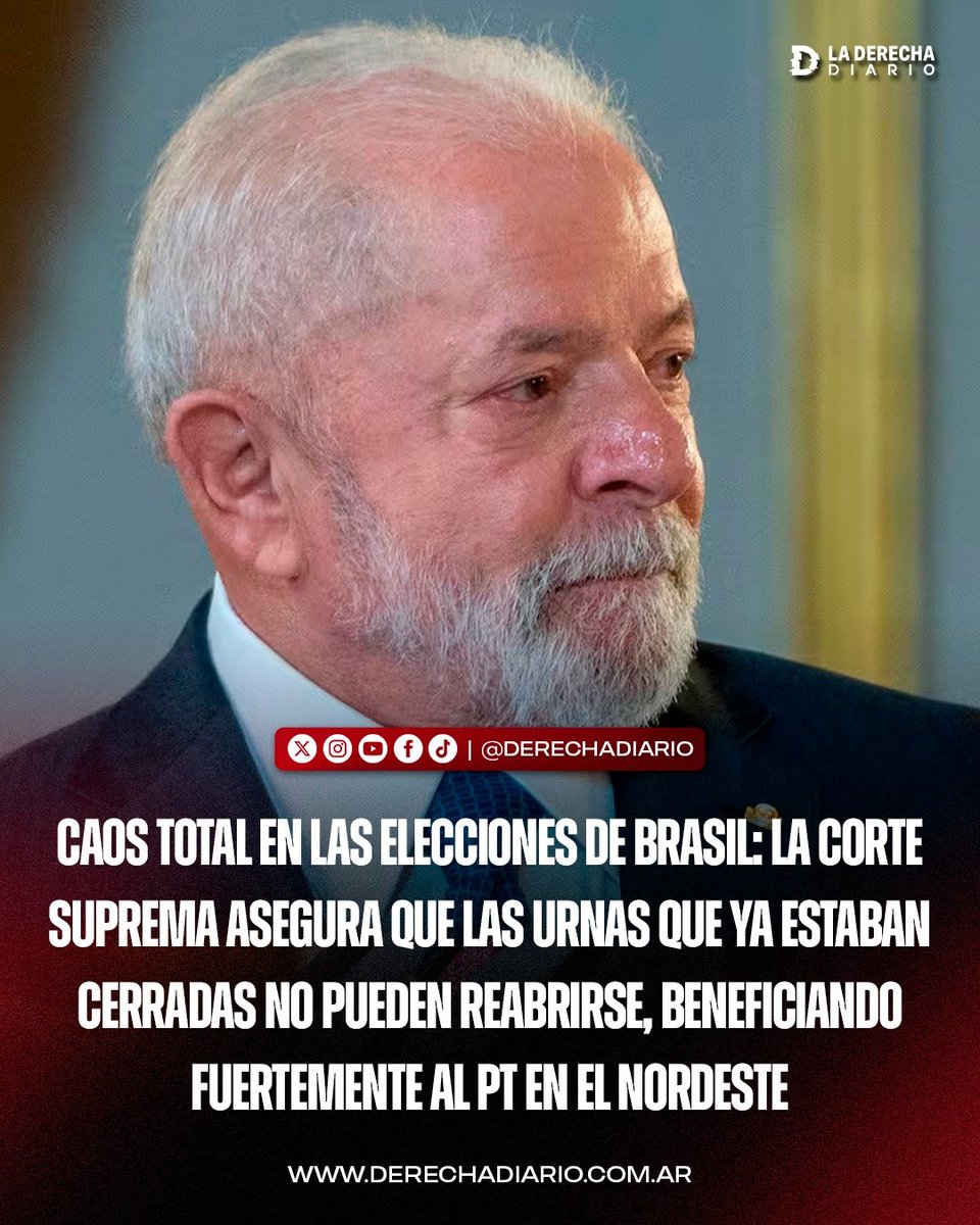 laderechadiario's tweet photo. 🚨🇧🇷 | CAOS TOTAL EN LAS ELECCIONES DE BRASIL: LA CORTE SUPREMA ASEGURA QUE LAS URNAS QUE YA ESTABAN CERRADAS NO PUEDEN REABRIRSE, BENEFICIANDO FUERTEMENTE AL PT EN EL NORDESTE

El juez Cristiano Zanin, exabogado personal de Lula, tuvo que aclarar que la extensión de la votación hasta las 19:00 solo se aplicaría a las urnas que permanecían abiertas, ya que las que habían cerrado a las 17:00 no podían reabrirse. La decisión inicial, tomada a pedido de la campaña del PT, provocó confusión en pleno balotaje y obligó a suspender temporalmente el escrutinio.