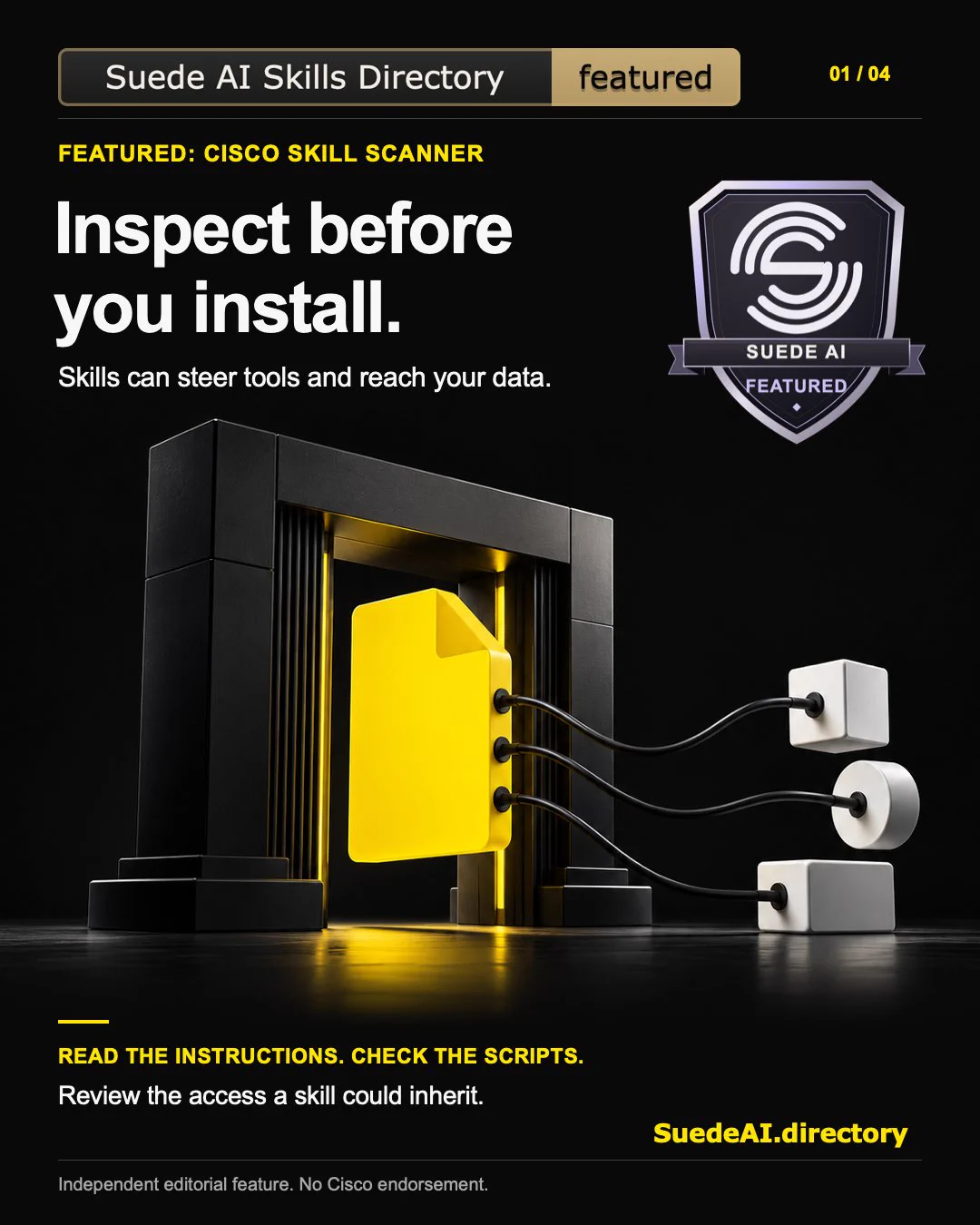 Black, white and yellow Suede AI Skills editorial slide. A yellow skill document passes through a black gate and connects to three white blocks. Text: Featured: Cisco Skill Scanner. Inspect before you install. Skills can steer tools and reach your data. Read the instructions. Check the scripts. Review the access a skill could inherit. A prominent Suede AI shield labeled Featured appears at upper right. The visible lower-right URL reads SuedeAI.directory.