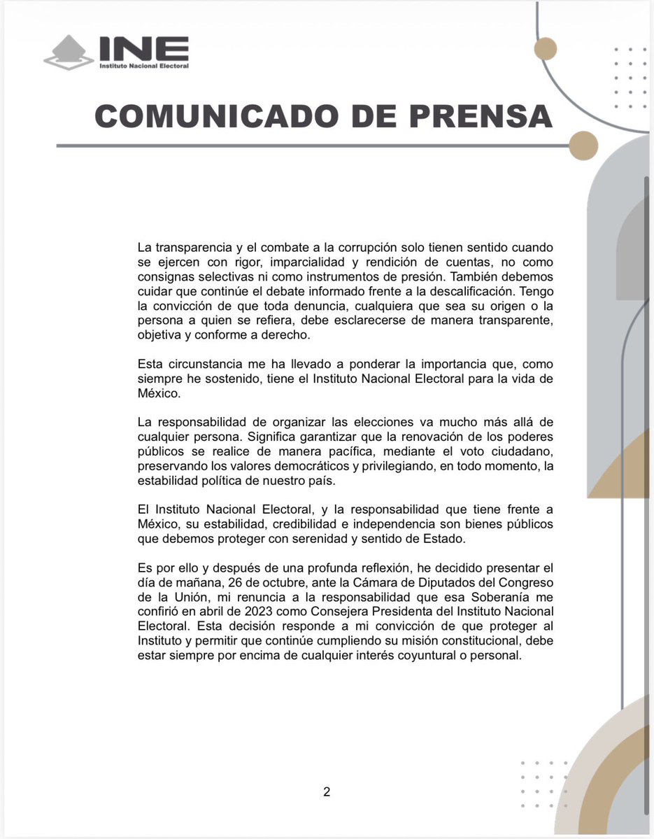 azucenau's tweet photo. 🚨🚨El INE publicó un comunicado donde daba a conocer la renuncia de Guadalupe Taddei como consejera presidenta, pero pocos momentos después lo borró.

En el documento, se decía que presentaría su renuncia mañana ante la Cámara de Diputados, tras una “profunda reflexión”. https://t.co/DryU0Bbnu8