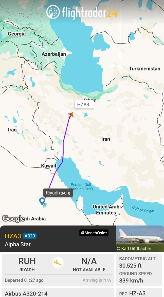 MenchOsint's tweet photo. Ok now this is getting even more interesting ... another Saudi plane (government-linked) is heading towards Tehran.

✈️ A320 reg. HZ-A3 https://t.co/WYTgMKaWOn