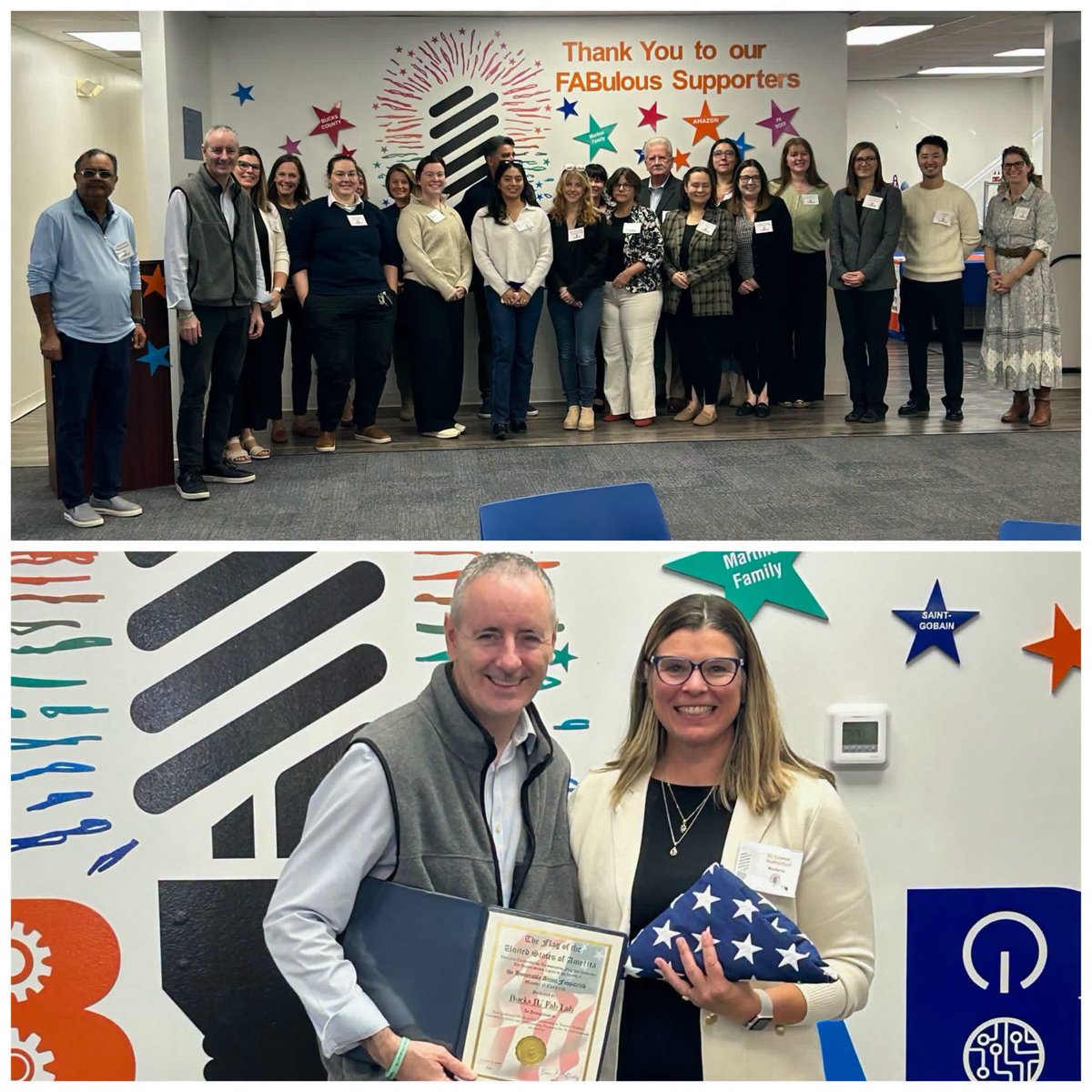 A two-part photo collage shows a group of people posing in an office or community space decorated with colorful stars and a supporter-themed mural. In the lower photo, a man and woman pose together holding a framed certificate and a folded triangular American flag. Text is visible on the mural and certificate.