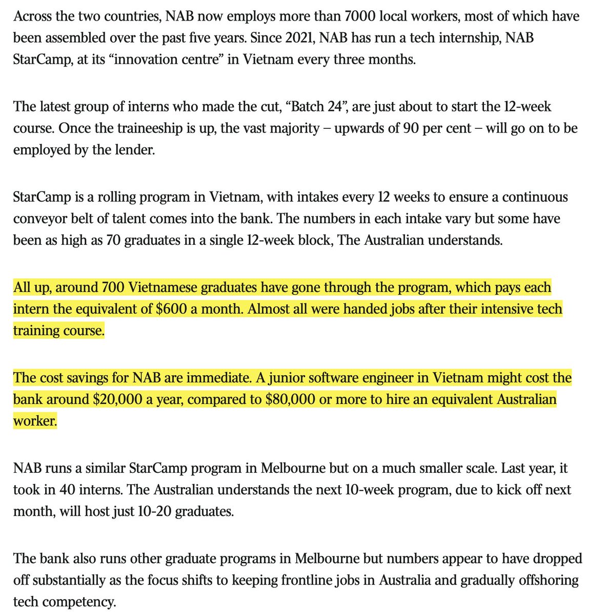 samstrades's tweet photo. 'NAB cultivates tech talent in Vietnam, India as Australian jobs axed' 

'The cost savings for NAB are immediate. A junior software engineer in Vietnam might cost the bank around $20,000 a year, compared to $80,000 or more to hire an equivalent Australian worker' (20% NAB workforce is already foreign based) 1/2 #ausbiz #NAB