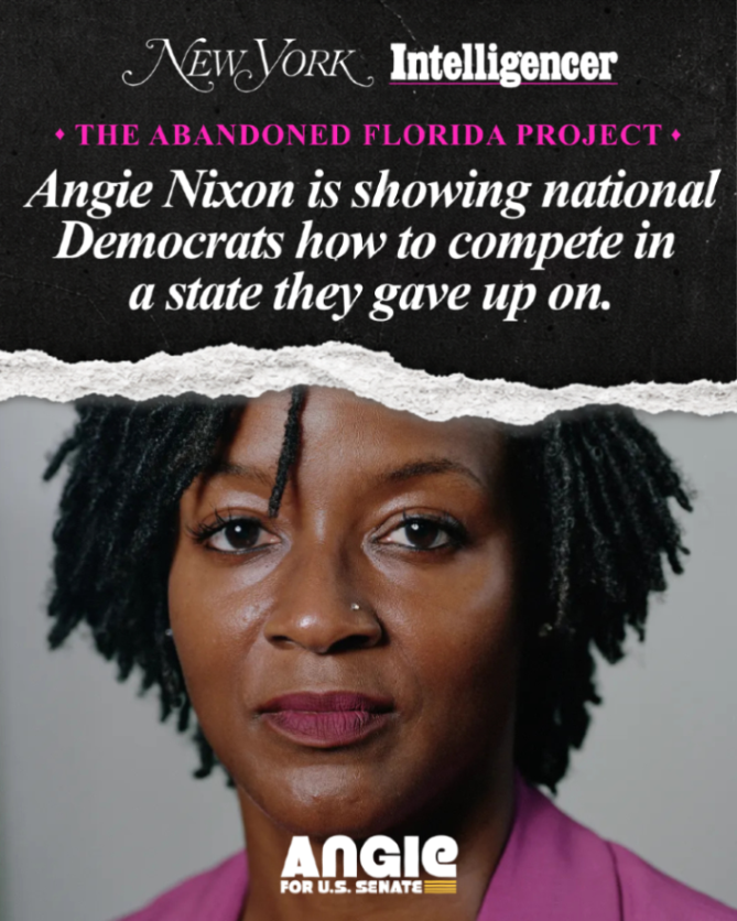 AngieNixon's tweet photo. Florida is worth fighting for. I know it and you do too.

Down here on the ground, we know something the pundits and donor class seem unable to see: Floridians are ready for change and we are the heroes we've been waiting for to see us through.

#AngieforFlorida https://t.co/y9OfhGra8e
