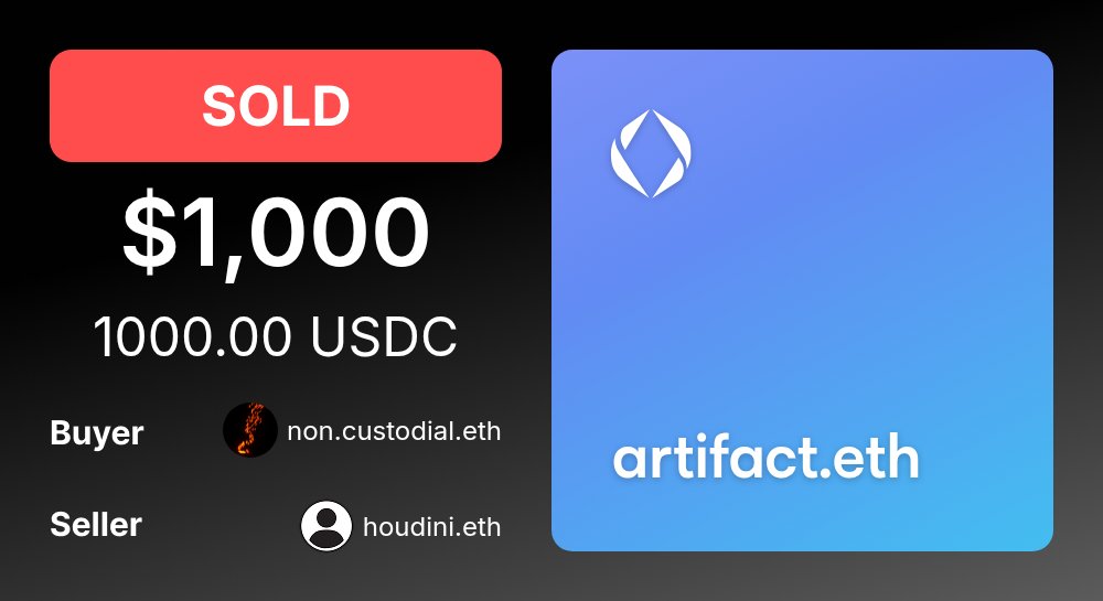 ENSMarketBot's tweet photo. 💰 SOLD: artifact.eth

For: $1,000.00 (1000.00 USDC)
Buyer: non.custodial.eth @_caller_eth

Seller: houdini.eth
Categories: Programming, Top Nouns

https://t.co/E1WFrq0pPS https://t.co/QYv8QOesRv