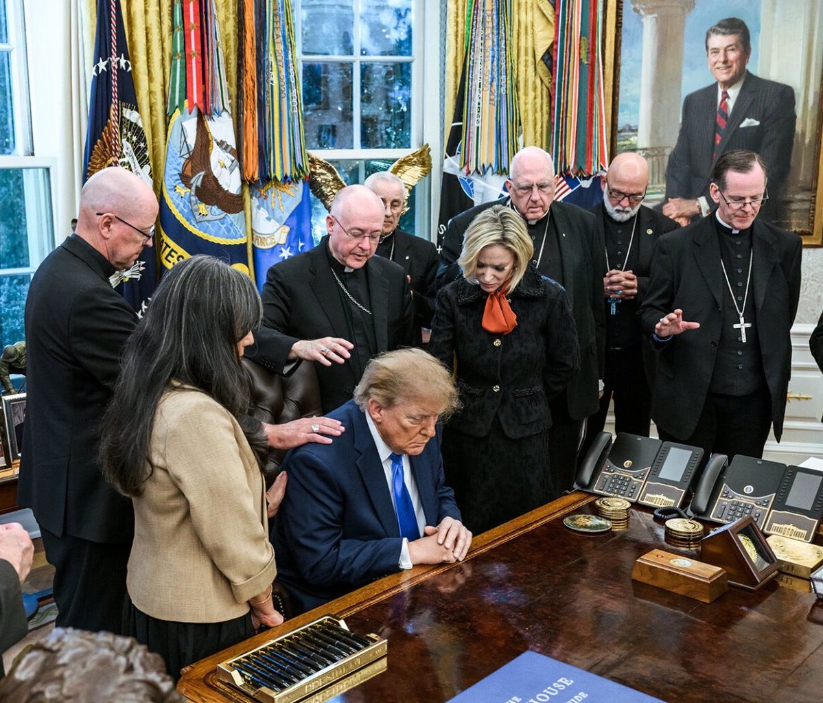 CatholicVote's tweet photo. "The internet is on fire with criticism of the 12 bishops who prayed over President Trump in the Oval Office.

Let me remind everyone that bishops are priests and pastors and should not have to apologize for praying over presidents. This assault on public prayer is based on a secular vision of life—not the essential evangelization required by the Gospel. 

Not only should we give them the space to be evaluated outside the secular political lens, they should give that grace to themselves in the face of this unwarranted criticism.

“As I prayed about, I thought that this is what Catholics do. We pray for people,” said Archbishop James Golka. “No matter whether we agree or disagree on anything, we always pray for our country and leaders.”

Imagine the church restricting who it could dialogue with or preach to: it would be a a history without Ambrose preaching to Theodosius; without John Paul II converting General Wojciech Jaruzelski on his death bed; without Fr. Hugh O’Flaherty befriending Nazi Herbert Kappler in prison. 

The right and duty to witness to figures in authority dates back to the time of Caesar.

Those men all did many things worse by orders of magnitude than this leader, who has also done some things exceptionally well, whatever the honest criticism of some of his policies are.

I also question the selective outrage potentially at work here. Do honest Catholics believe this outrage would exist for praying over Obama, Biden, or even George W.? 

These men were there as priests and they prayed as priests do. That is a win for the faith, no matter the man in the presidential chair.

Archbishop Golka was right. This IS what Catholics do."

– CatholicVote President & CEO Kelsey Reinhardt

@catholickelsey