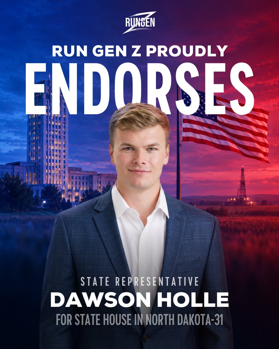 RunGenZ's tweet photo. Meet our 2026 North Dakota Slate
 
Run Gen Z is proud to endorse the next generation of conservative leaders running in North Dakota:
 
State Sen. Sean Cleary · Senate District 35
State Rep. Dawson Holle · House District 31
 
Swipe to meet them. Election Day is Tuesday, November 3.
 
See the full slate at https://t.co/BduiUl1xbi