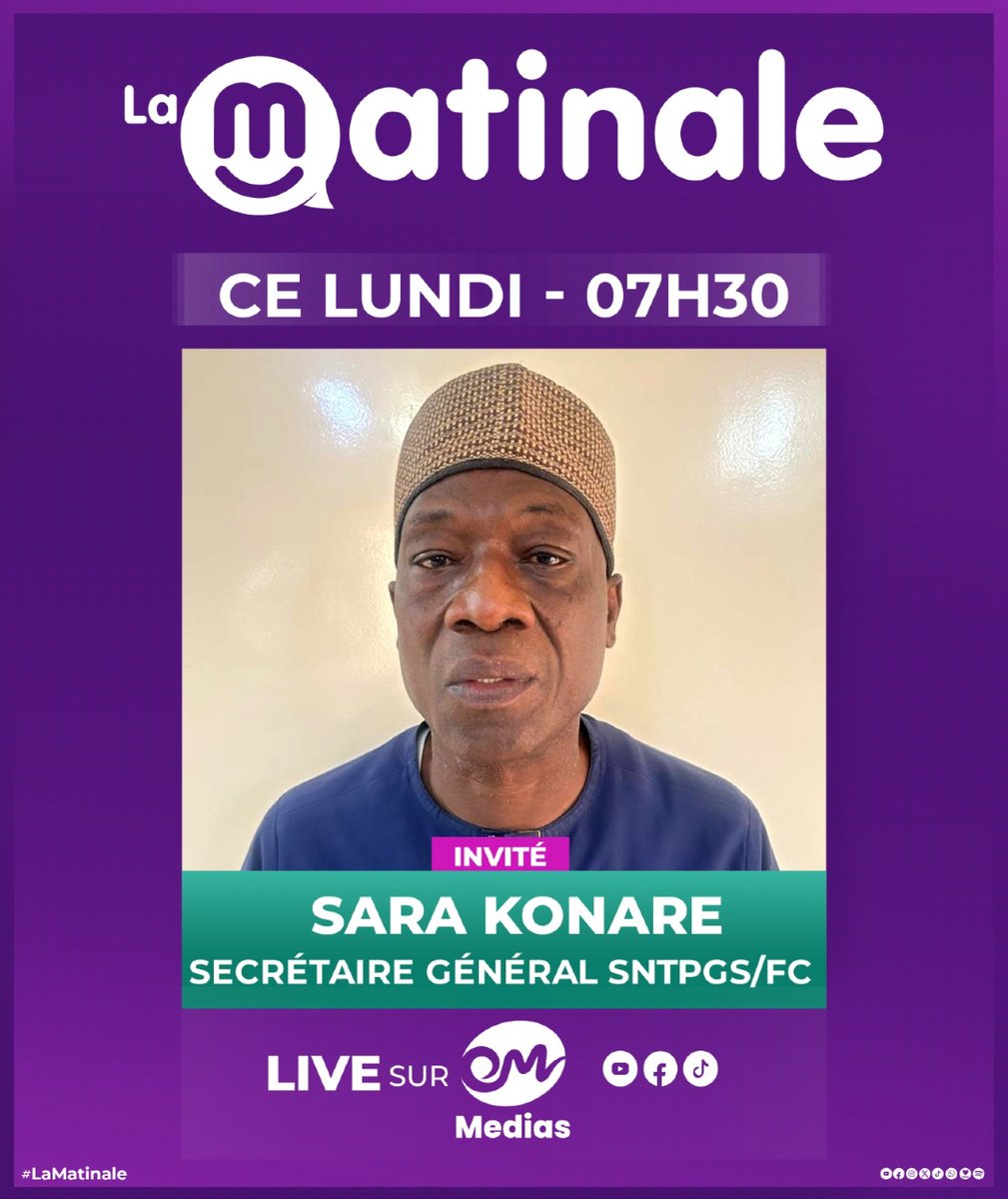 EvenProdMedia's tweet photo. 📢 LA MATINALE REÇOIT SARA KONARÉ CE LUNDI À 07H30
Le secrétaire général du SNTPGS/FC sera l’invité de La Matinale sur Evenprod Médias.
#EvenprodMedias #Sénégal #LaMatinale #Syndicat #SaraKonare https://t.co/JXd39PbXs4